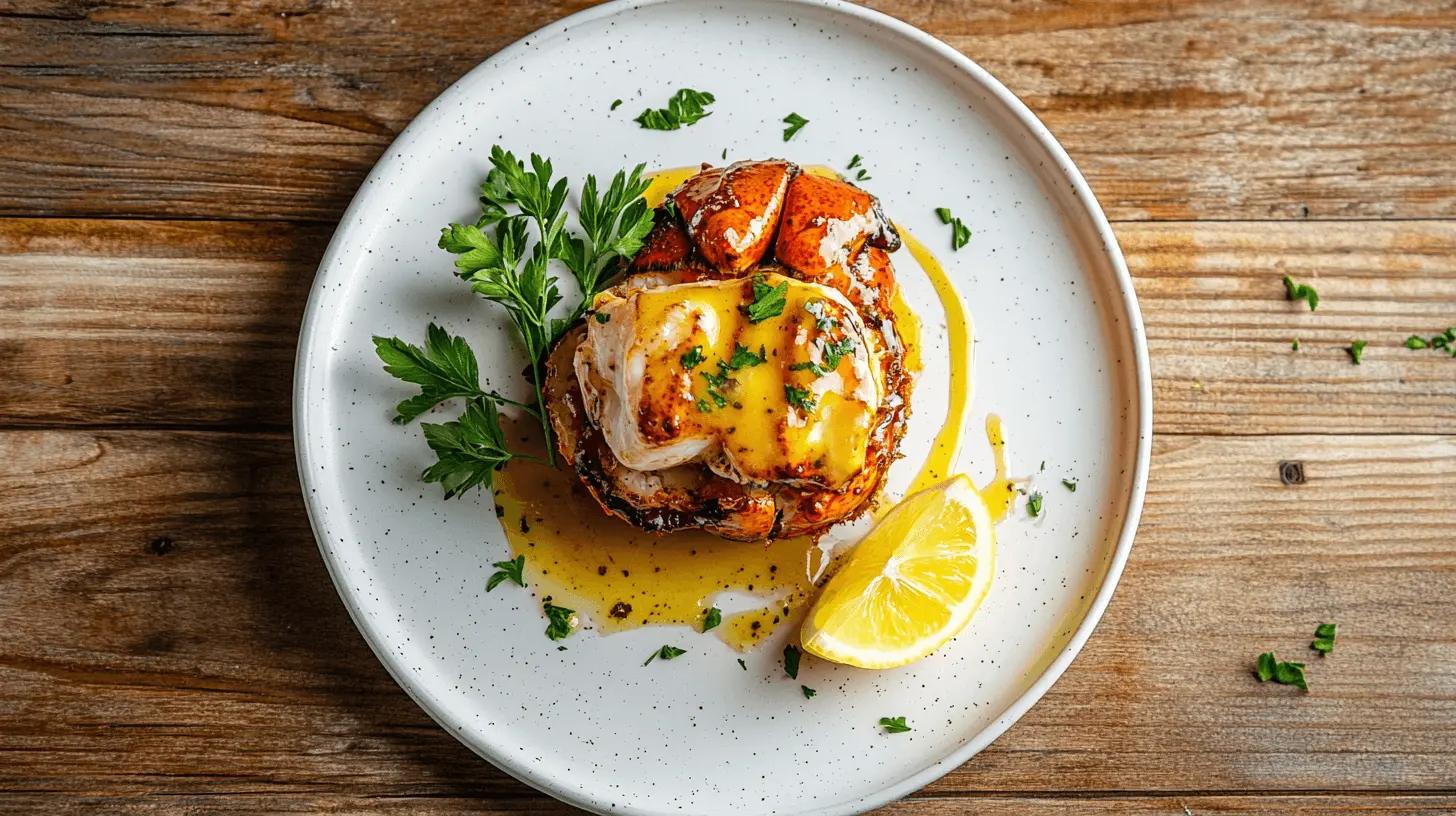 A beautifully plated dish featuring a perfectly cooked lobster tail with golden butter glaze, served alongside a lemon wedge and parsley on a white plate, styled on a rustic wooden table for an upscale presentation.
