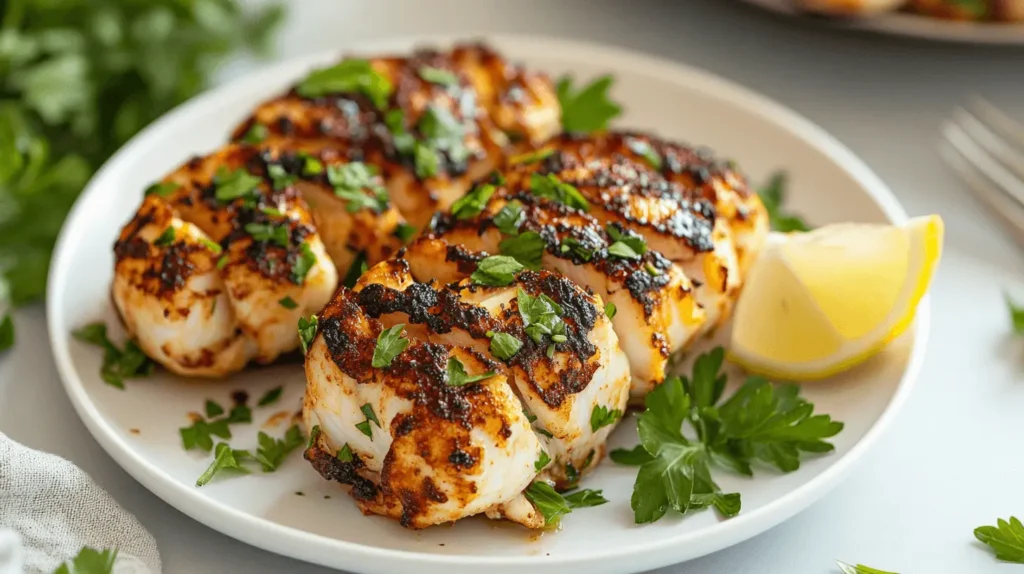 Butterflied lobster tails with golden char marks served on a white plate, garnished with parsley and lemon wedges, on a modern dining table.