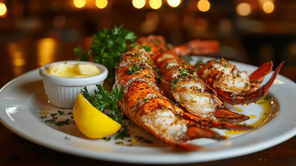 Perfectly steamed lobster tails garnished with lemon wedges, parsley, and melted butter.