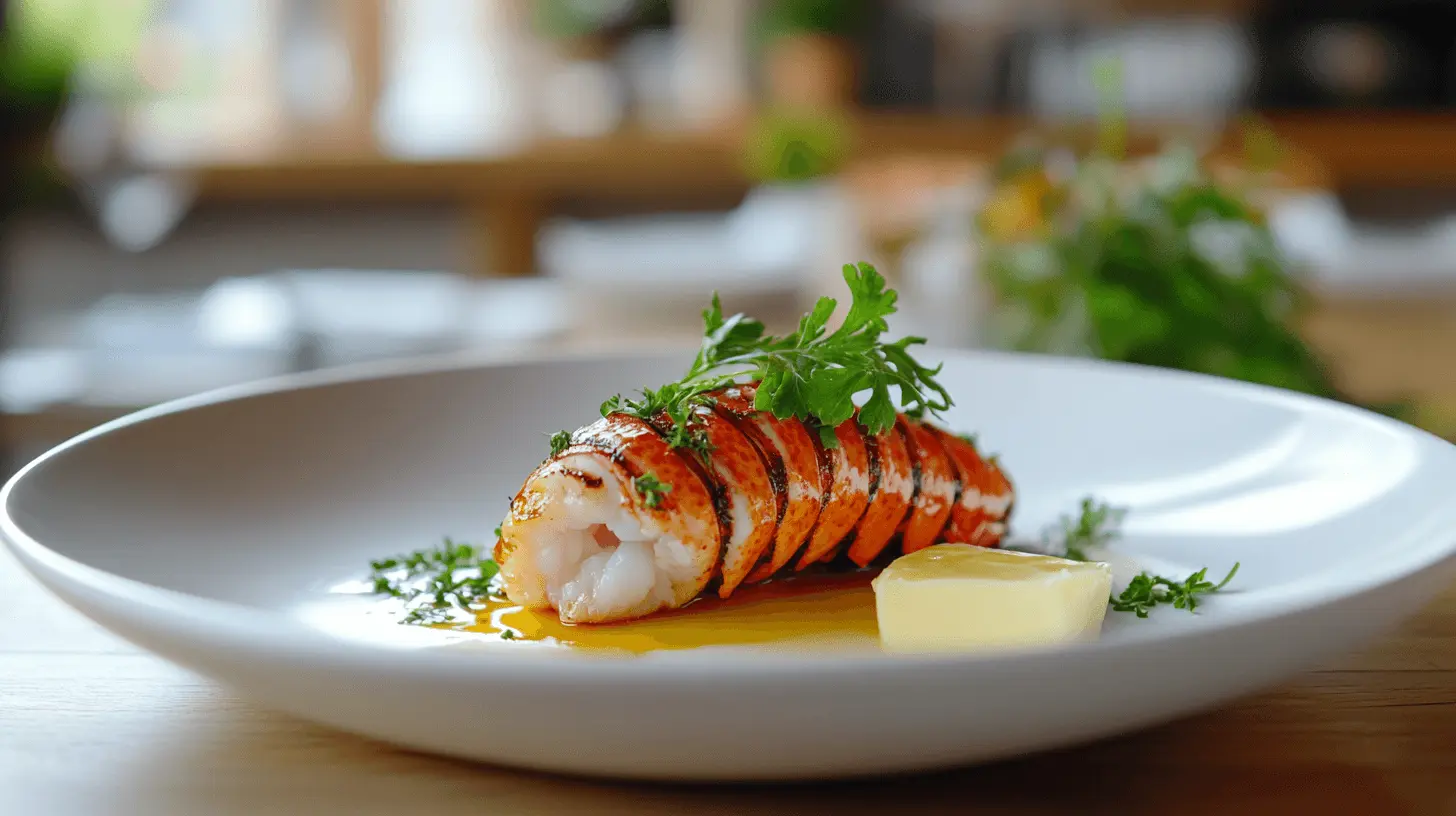 Grilled lobster tail garnished with parsley on a ceramic plate with melted butter.