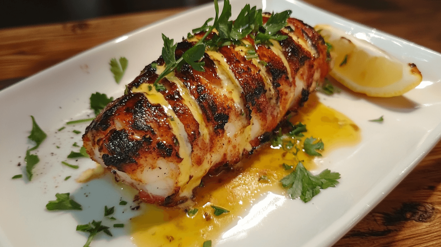 Grilled lobster tail plated with parsley, lemon wedges, and melted butter on a white dish.
