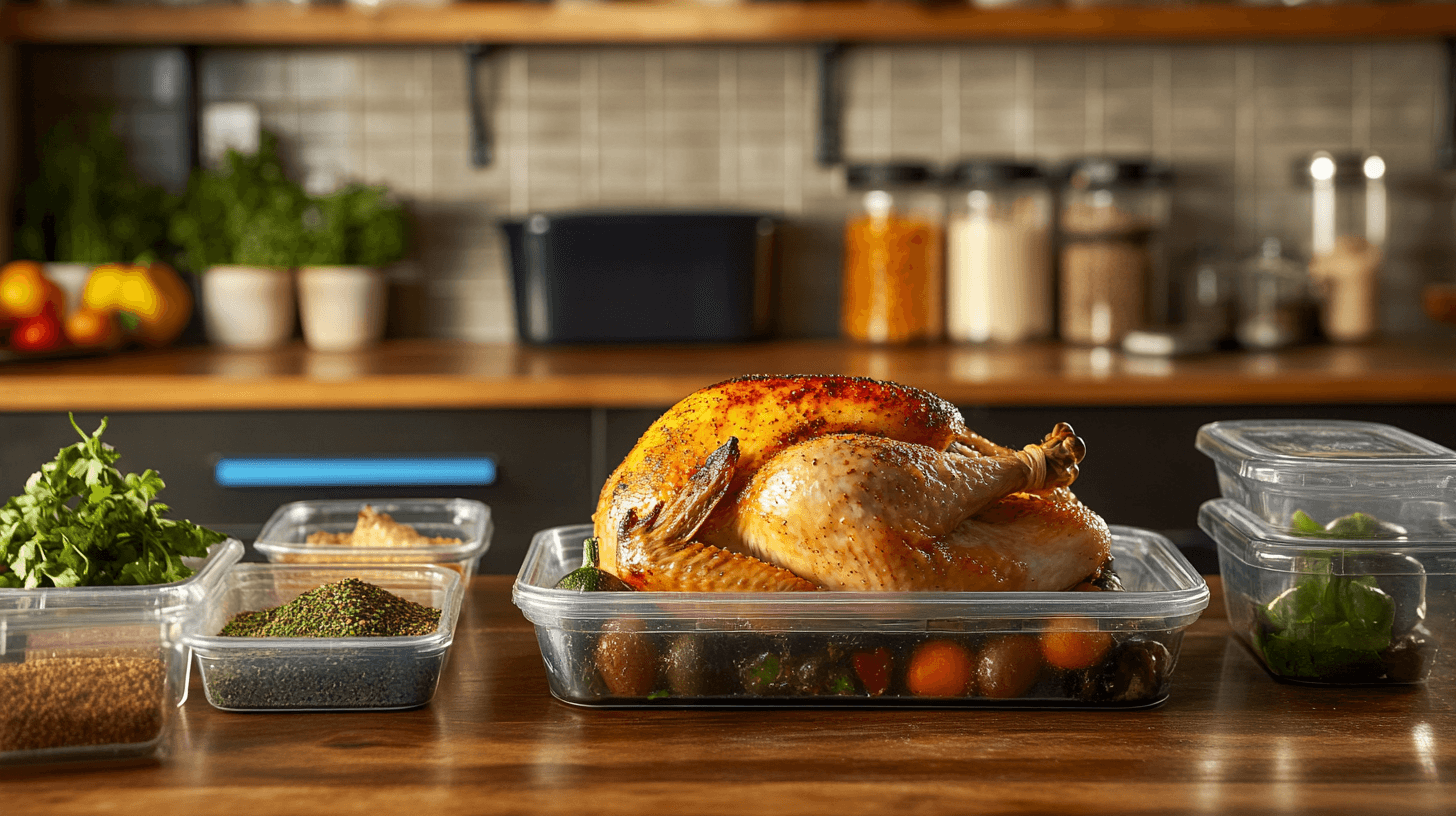 A golden-brown rotisserie chicken on a rustic wooden table with vegetables and airtight containers.
