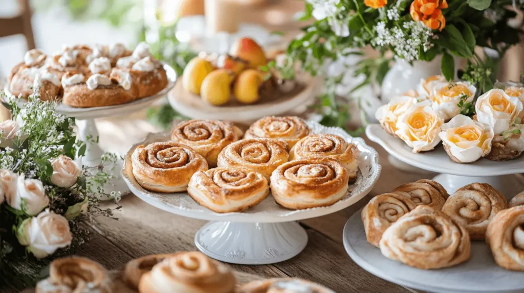 Breakfast table with various crescent roll dishes and fresh flowers.