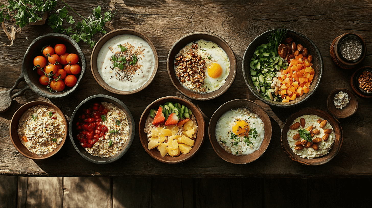 A variety of vibrant breakfast bowls on a rustic table.