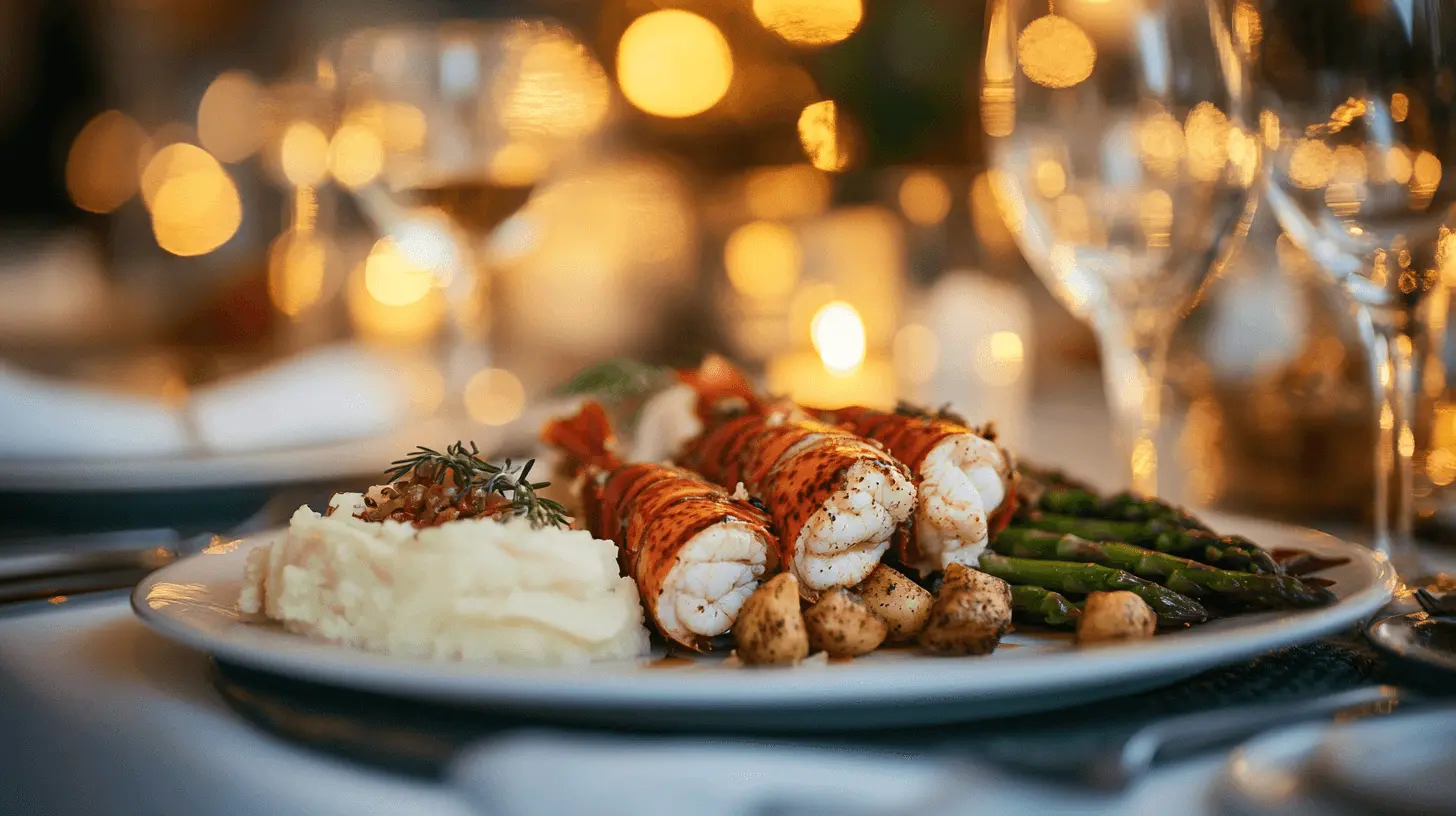 Gourmet lobster tail meal with elegant sides and wine on a luxury dinner table.