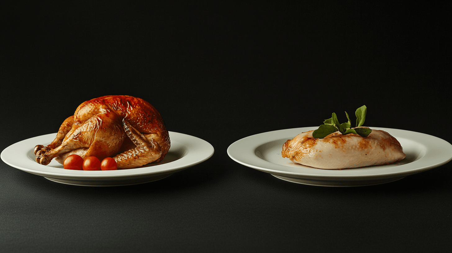 Rotisserie chicken and chicken breast side by side on separate plates.