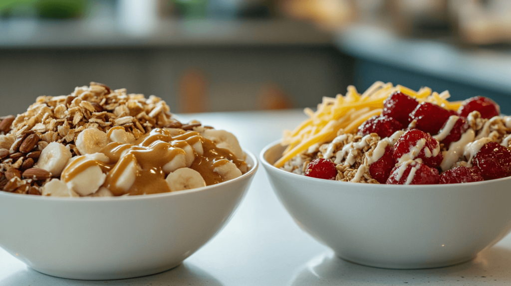 Close-up of calorie-dense breakfast bowls with excessive toppings.