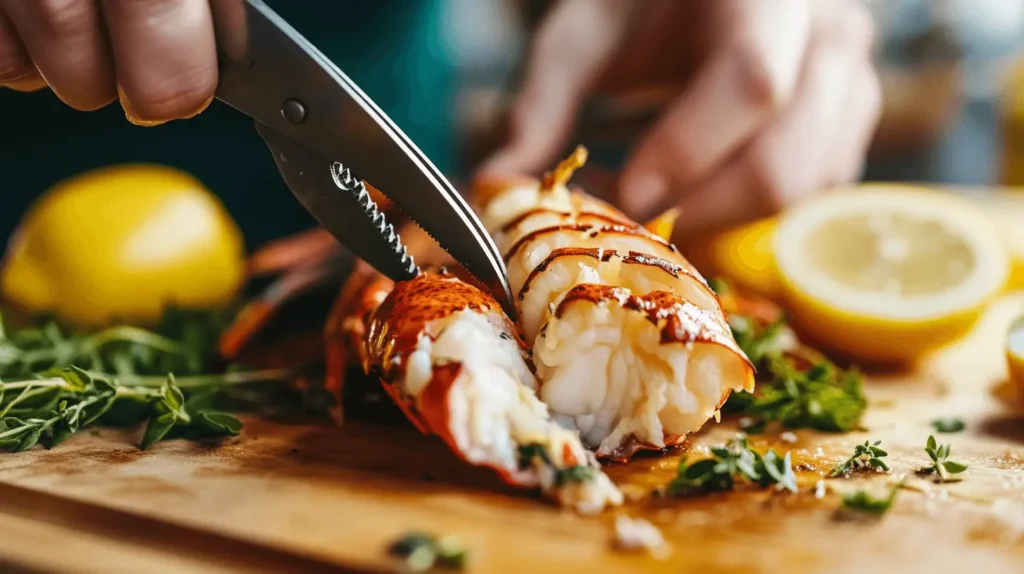 Close-up of a lobster tail being cleaned and prepared for grilling.