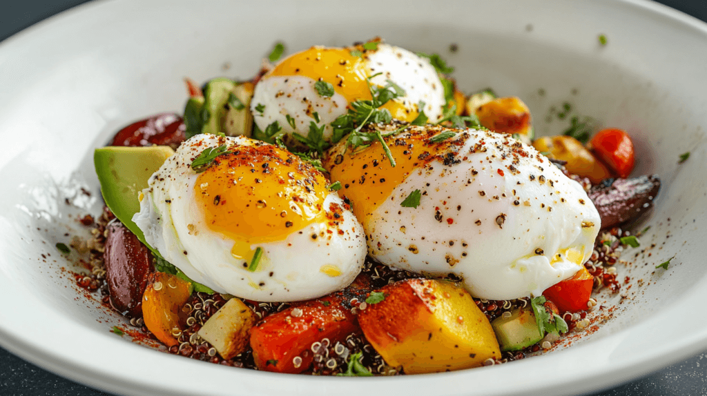 Savory breakfast bowl with poached eggs, avocado, quinoa, and roasted vegetables.