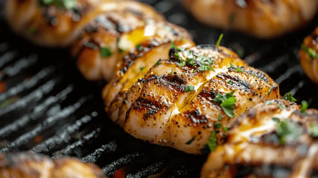 Butterflied lobster tails on a grill with char marks and garnishes.