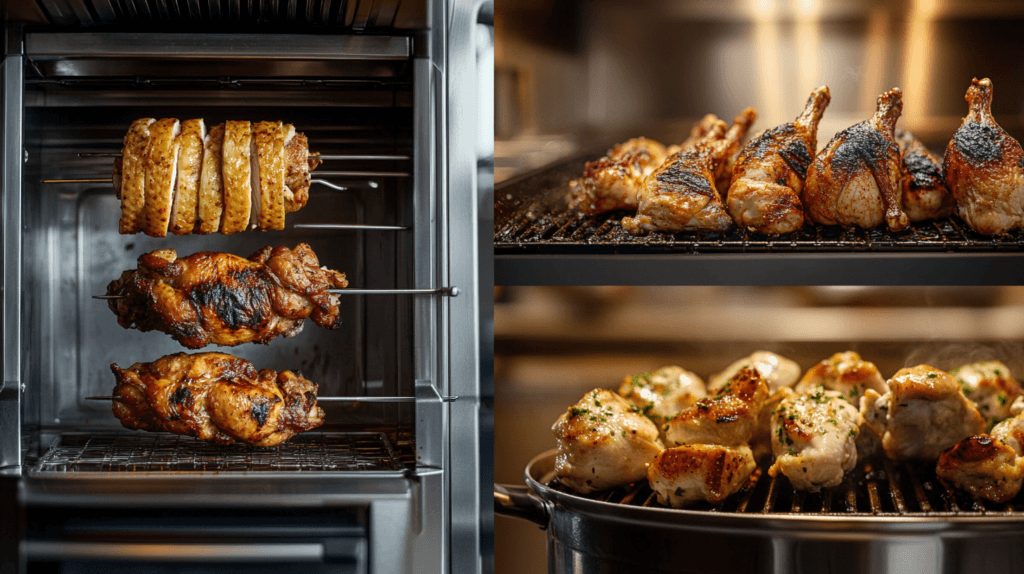 Rotisserie chicken, grilled chicken, and boiled chicken cooking methods side by side.