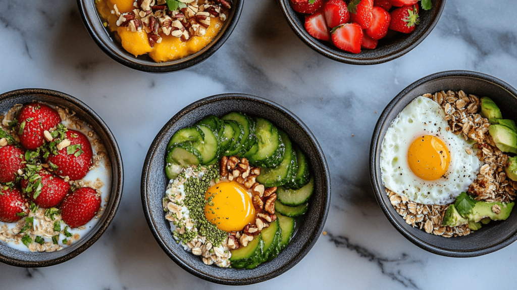 A collection of breakfast bowls, including smoothie, oatmeal, and savory options.