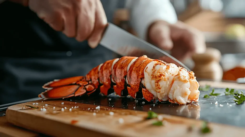 Chef butterflying a lobster tail with the meat placed over the shell.