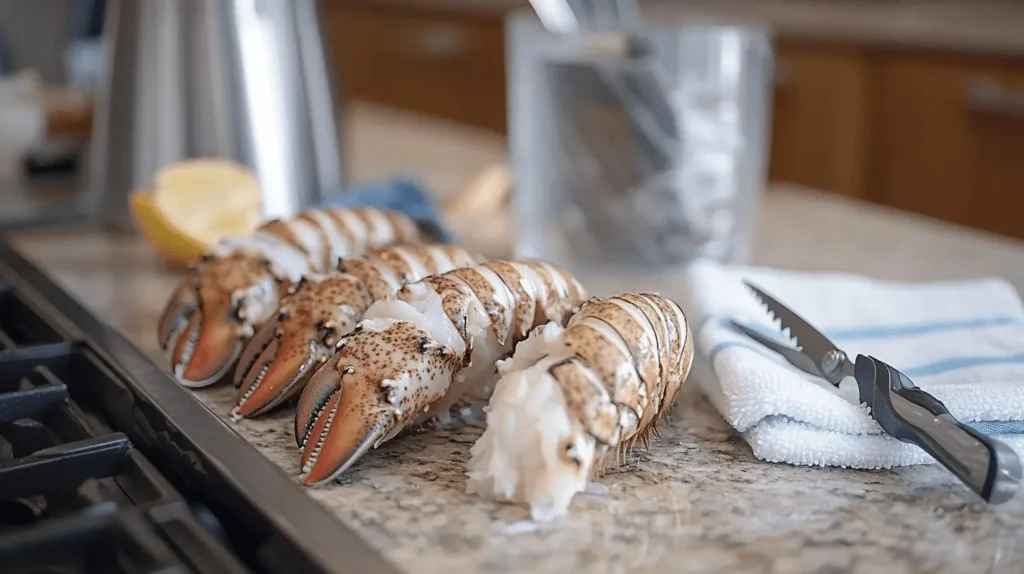 Cleaned and prepared lobster tails on a countertop with kitchen shears, water, and towels, ready for steaming.