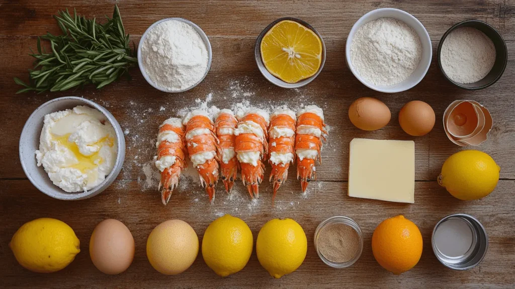 Ingredients for making Lobster Tail Pastry, including flour, butter, ricotta cheese, semolina flour, eggs, and citrus zest.