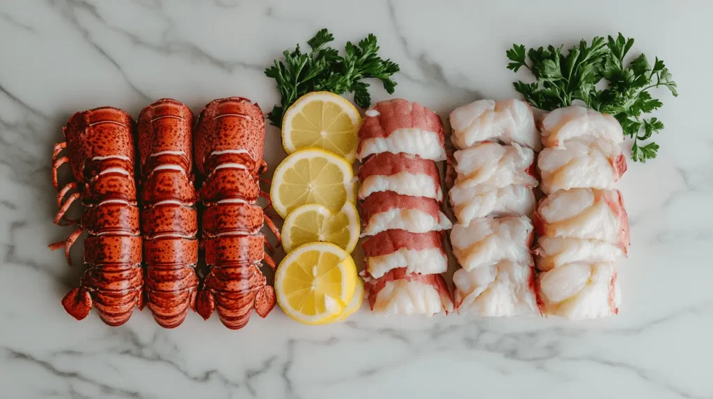 Fresh and frozen lobster tails on a countertop showing their texture differences.
