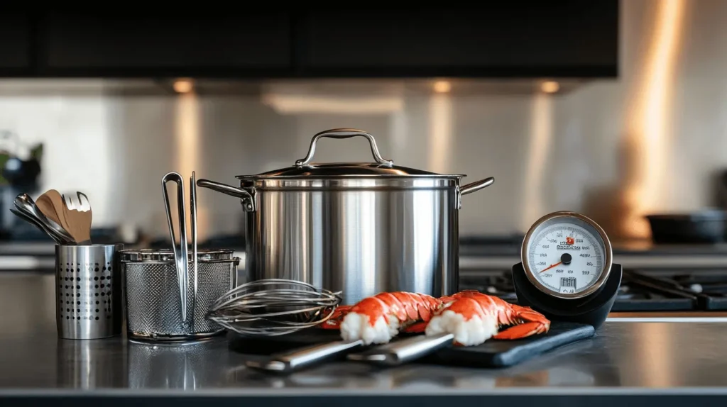 Essential tools for steaming lobster tails, including a steamer basket, pot, thermometer, and tongs.