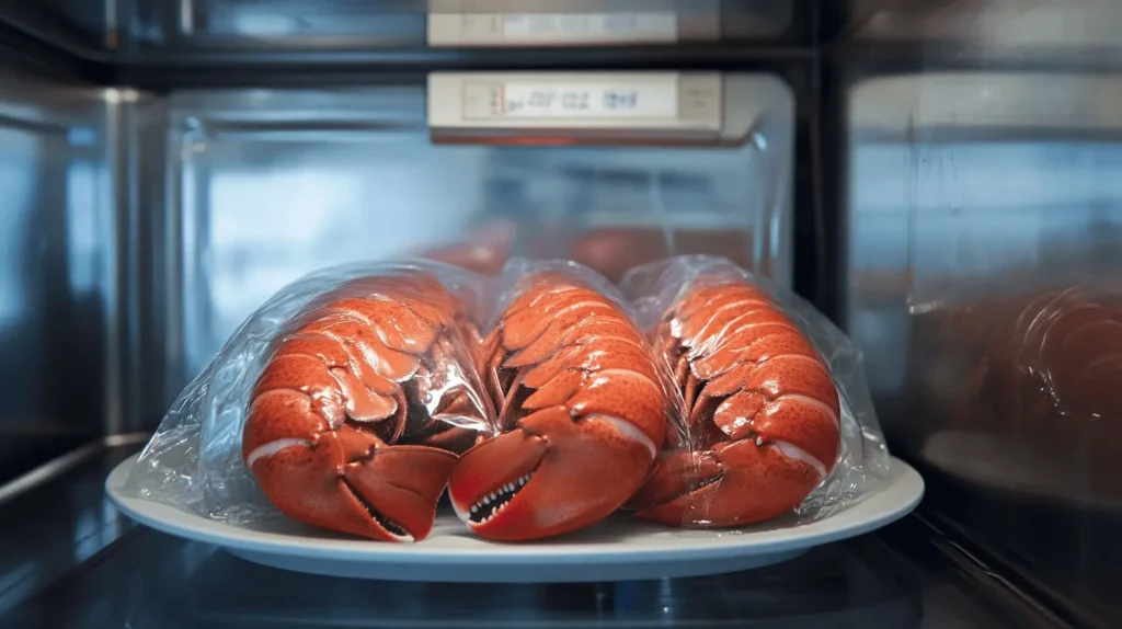 Lobster tails defrosting on a plate inside a refrigerator at 40°F.