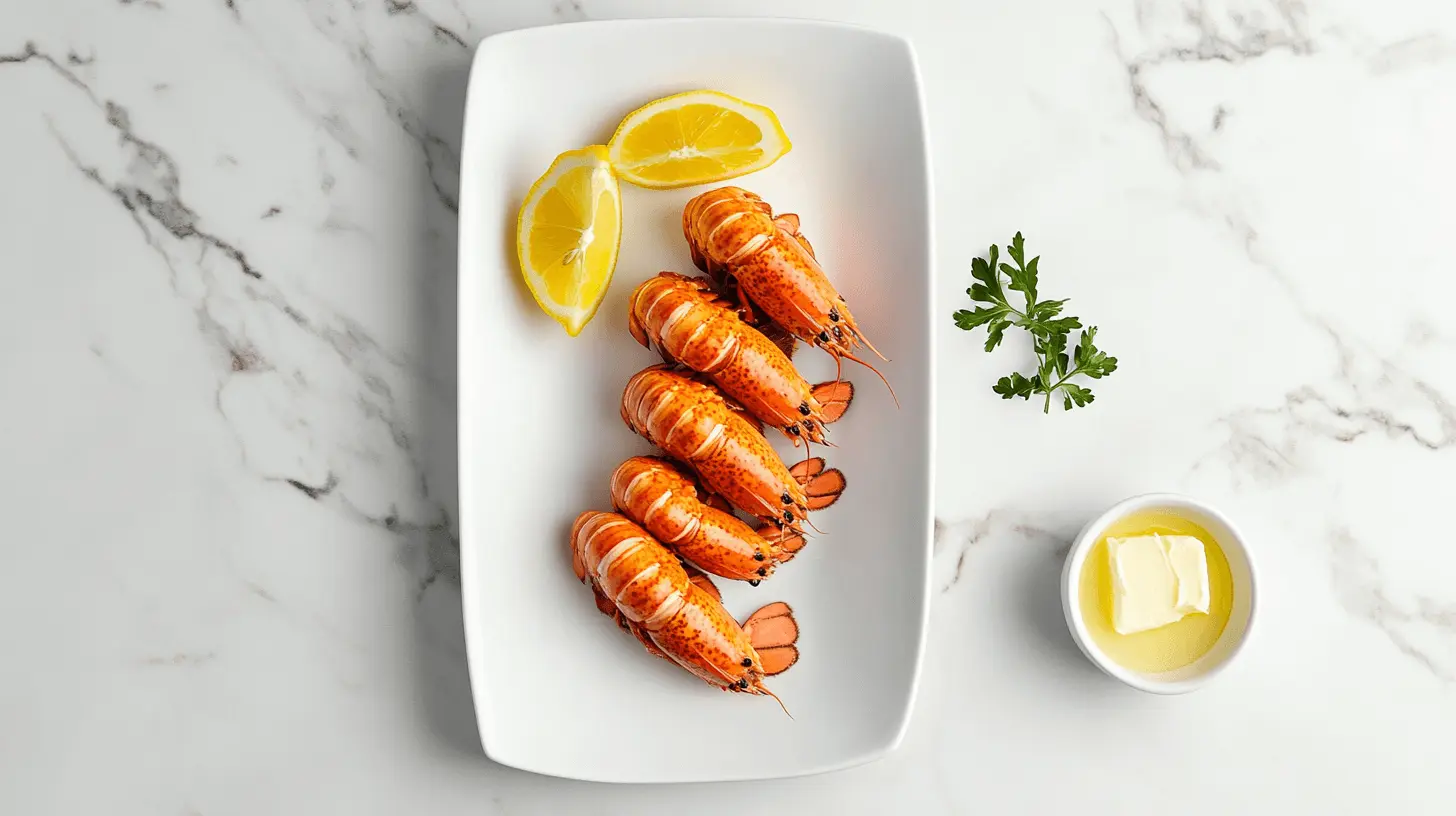 Cooked lobster tails on a white ceramic plate with lemon wedges, melted butter, and silver seafood utensils on a marble countertop.