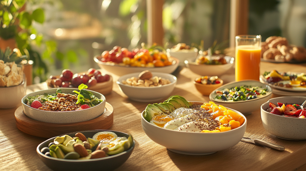 Assorted breakfast bowls with fruits, nuts, seeds, and savory toppings on a breakfast table.