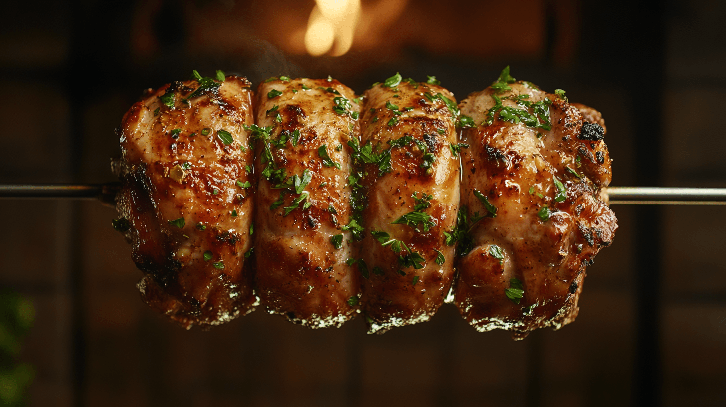 Perfectly roasted rotisserie chicken with golden skin surrounded by herbs and spices.