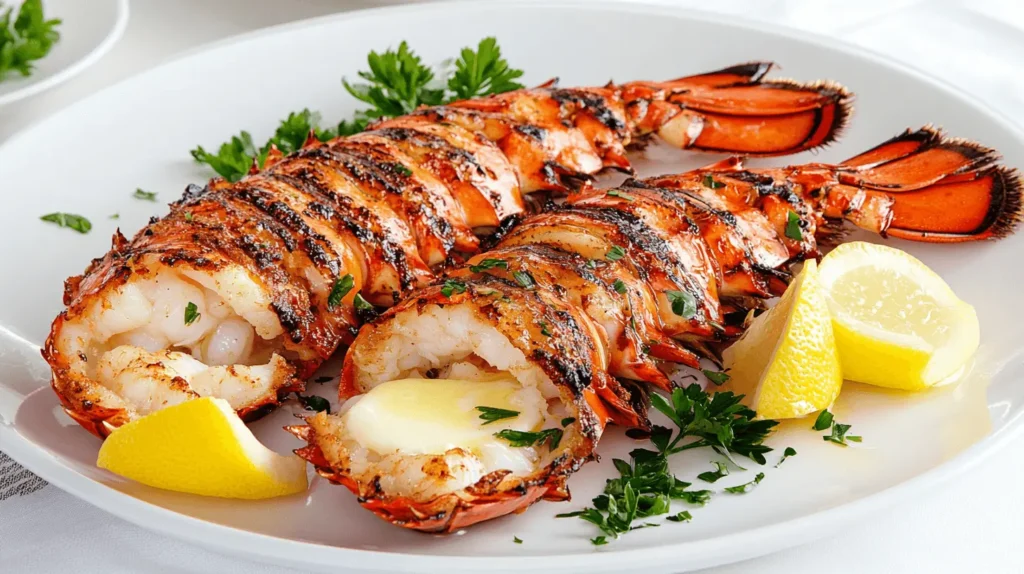 Butter-glazed grilled lobster tail with lemon wedges and parsley.