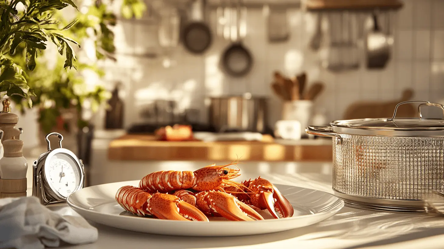 Freshly steamed lobster tails displayed with cooking tools on a white plate.