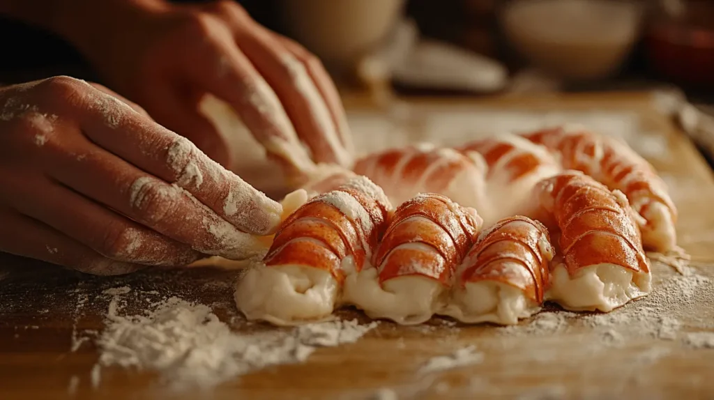 Hands shaping pastry dough into lobster tail shapes with visible flaky layers.