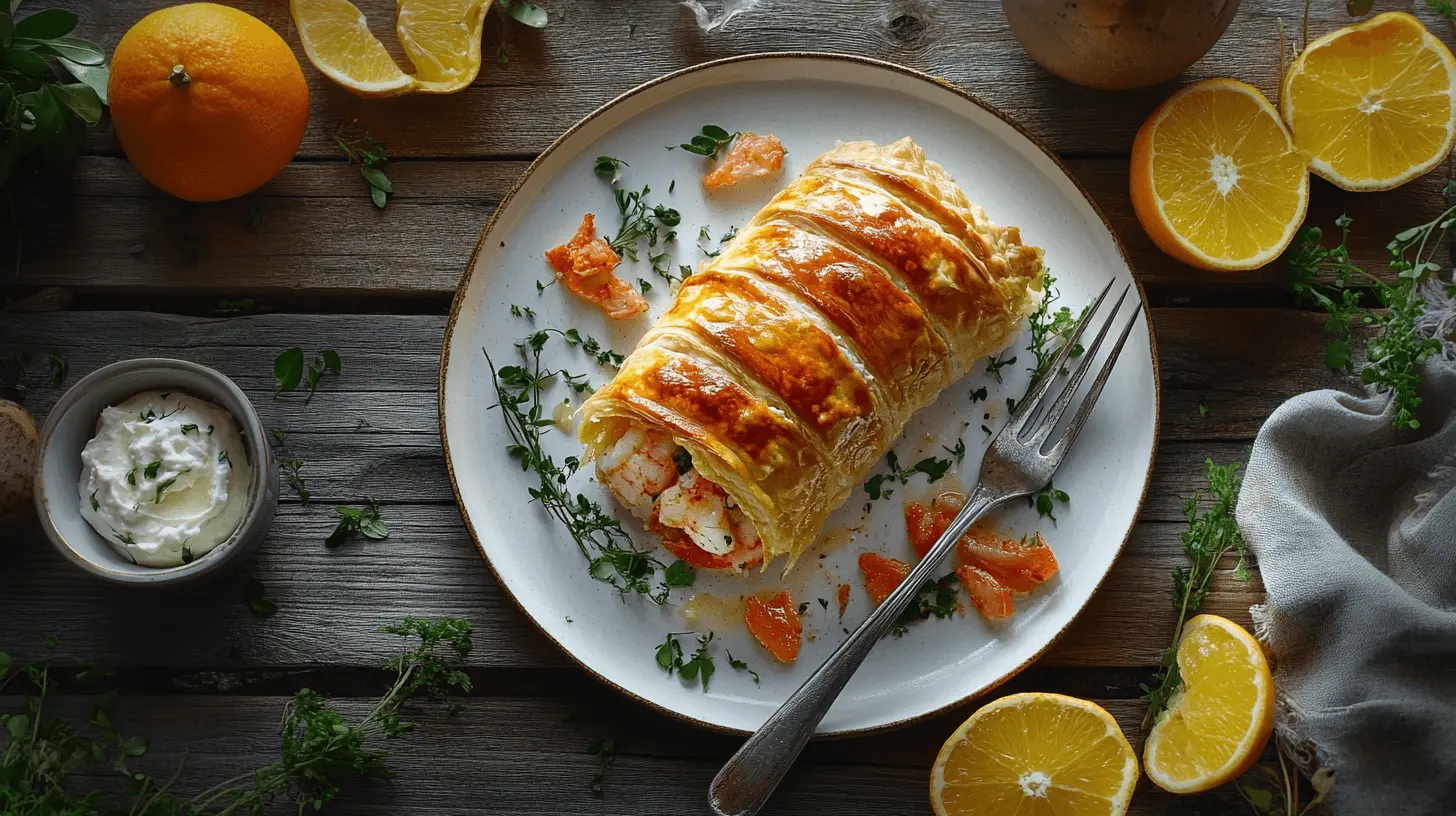 Plated Lobster Tail Pastry with citrus garnishes and a bowl of ricotta cheese.