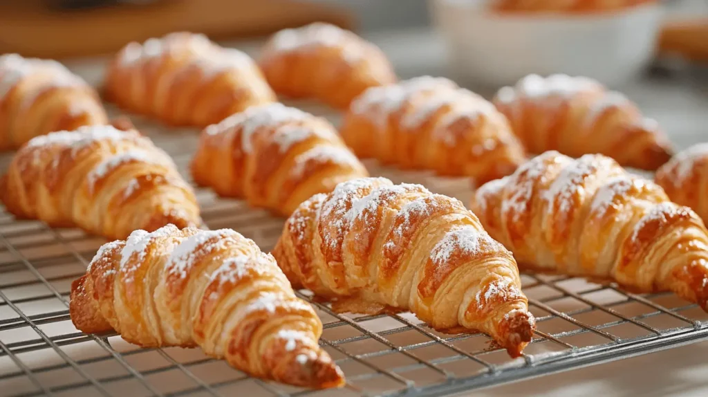 Golden-brown Lobster Tail Pastries on a cooling rack dusted with powdered sugar.