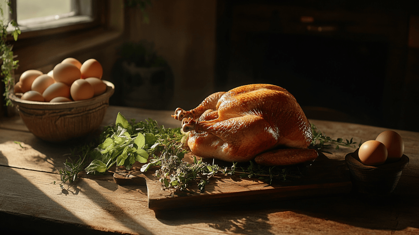 Whole roasted chicken with a bowl of fresh eggs, vegetables, and herbs on a rustic table.