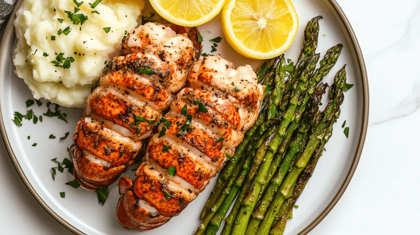 Baked lobster tails served with roasted asparagus and mashed potatoes.