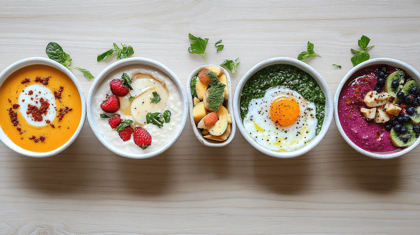 A selection of breakfast bowls including smoothie bowls, savory bowls, and tropical fruit bowls.