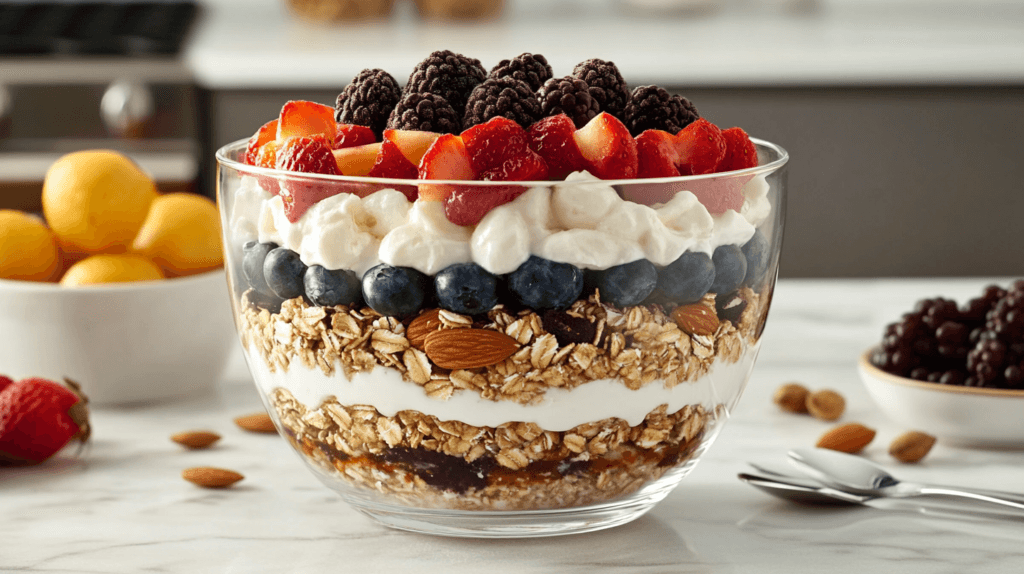 Layered breakfast bowl with oats, yogurt, fruits, nuts, and seeds in progress.