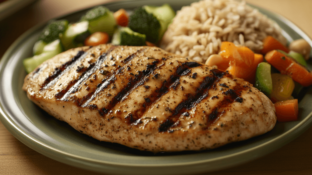 Grilled chicken breast with steamed vegetables and brown rice on a plate.