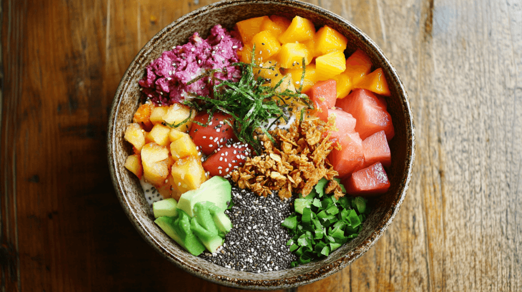 Colorful breakfast bowl with fruits, granola, and chia seeds on a rustic wooden table.