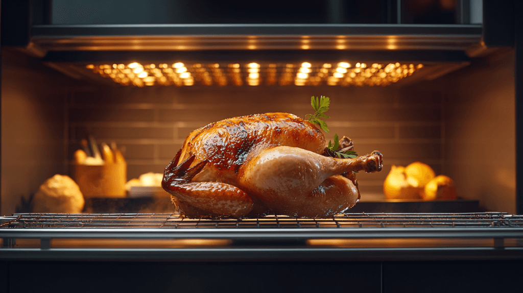 Whole rotisserie chicken cooking on a spit with golden, crispy skin.