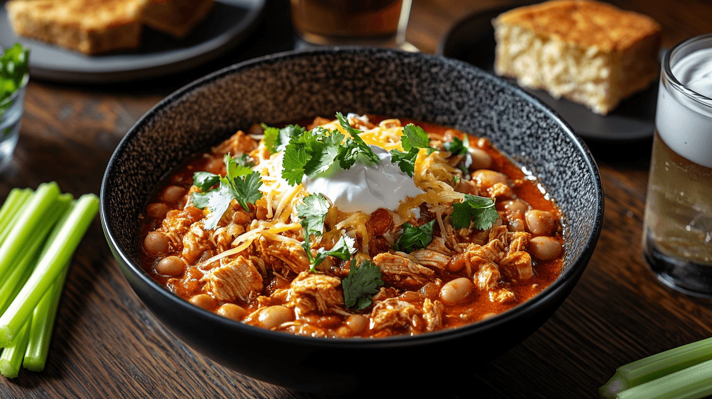 Bowl of Buffalo Chicken Chili topped with cheese, sour cream, and cilantro on a rustic wooden table with cornbread and celery sticks.