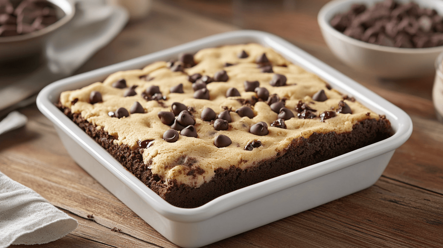 Freshly baked brookies with a golden cookie top and fudgy brownie base in a white rectangular baking dish.