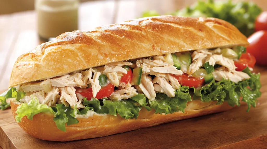 Close-up of a fresh chicken salad sandwich made with shredded rotisserie chicken, lettuce, tomato, and cucumber, served on a crispy baguette.