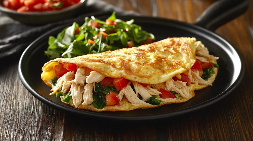 Close-up of a fluffy omelet filled with shredded rotisserie chicken, sautéed spinach, and diced red bell peppers, served with a fresh arugula salad on the side.