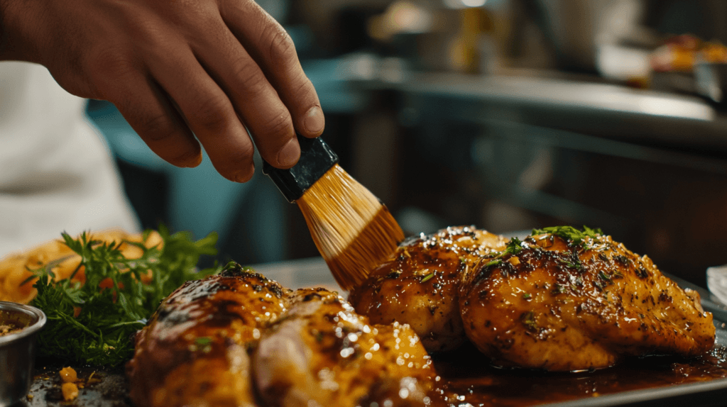 Close-up of a hand brushing marinade onto a rotisserie chicken with spices and herbs.