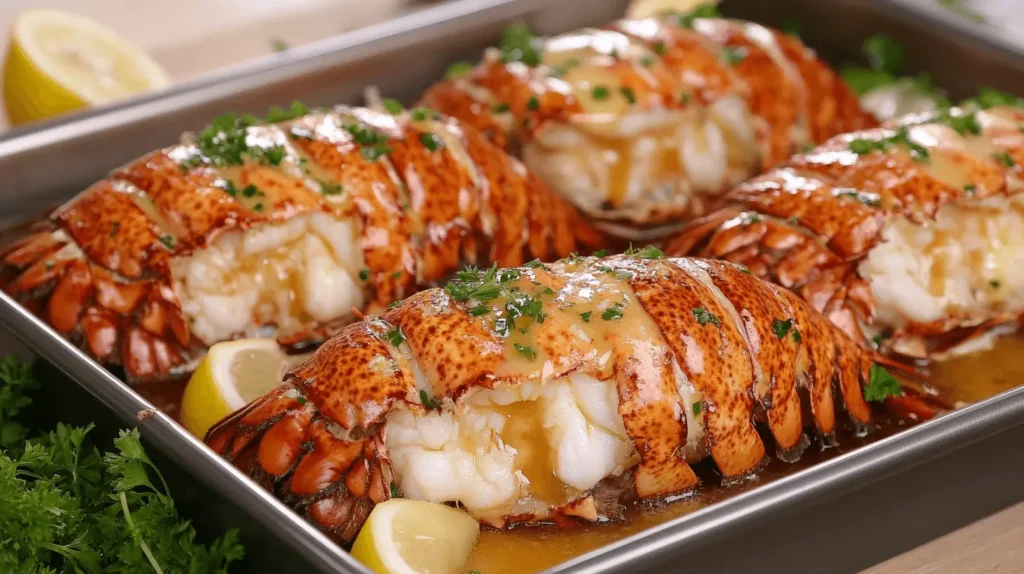 Golden baked lobster tails garnished with parsley and lemon on a baking tray.