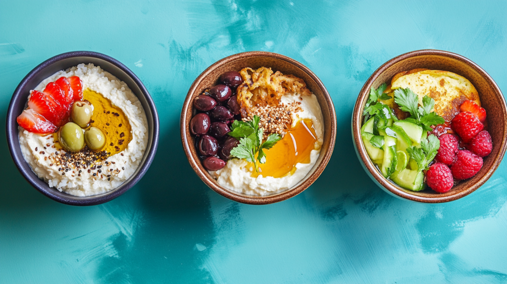 Global breakfast bowl variations including Asian, Mediterranean, and American styles.