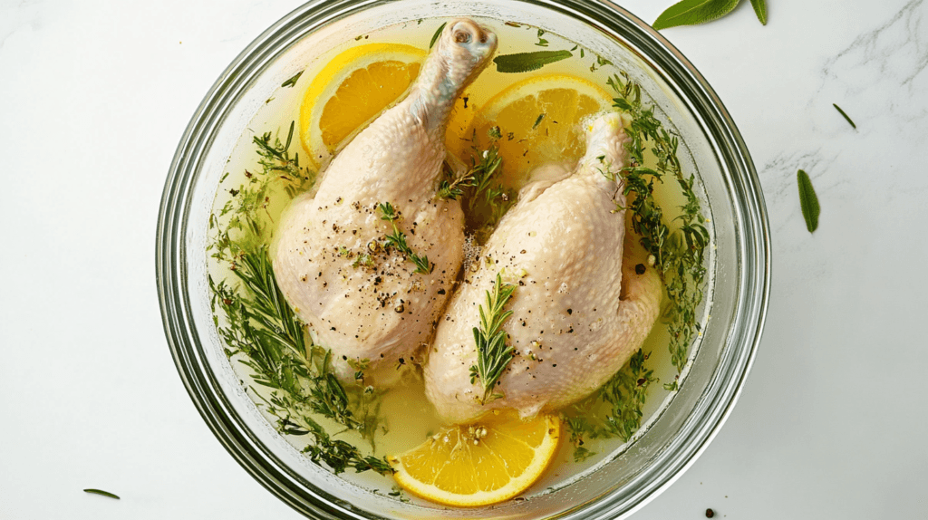 Raw chicken submerged in a brining solution with herbs, spices, and citrus slices.