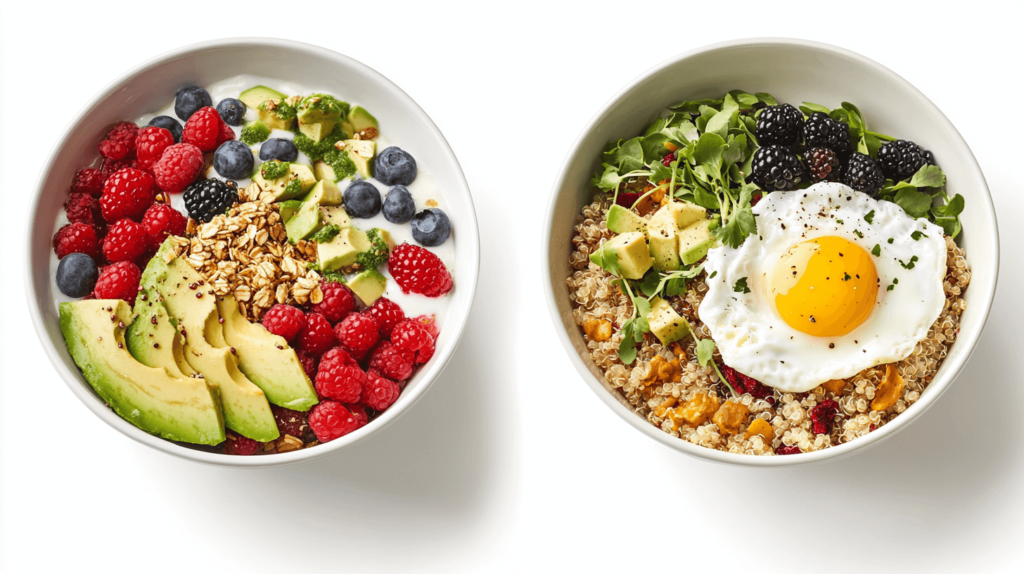 Sweet and savory breakfast bowls side by side.