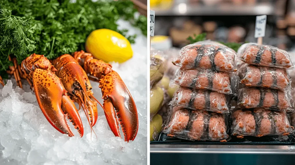 Fresh lobster tails on ice next to vacuum-sealed frozen lobster tails.