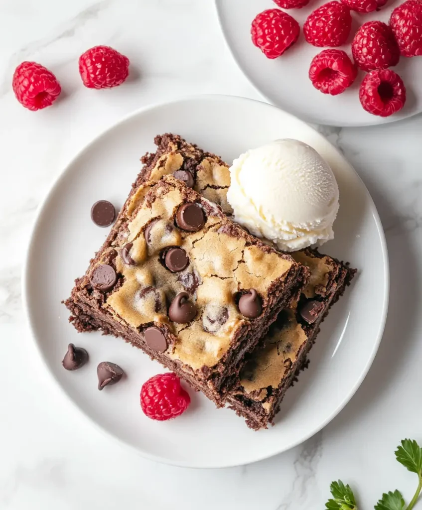 Brookies served with vanilla ice cream and fresh raspberries on a white plate.