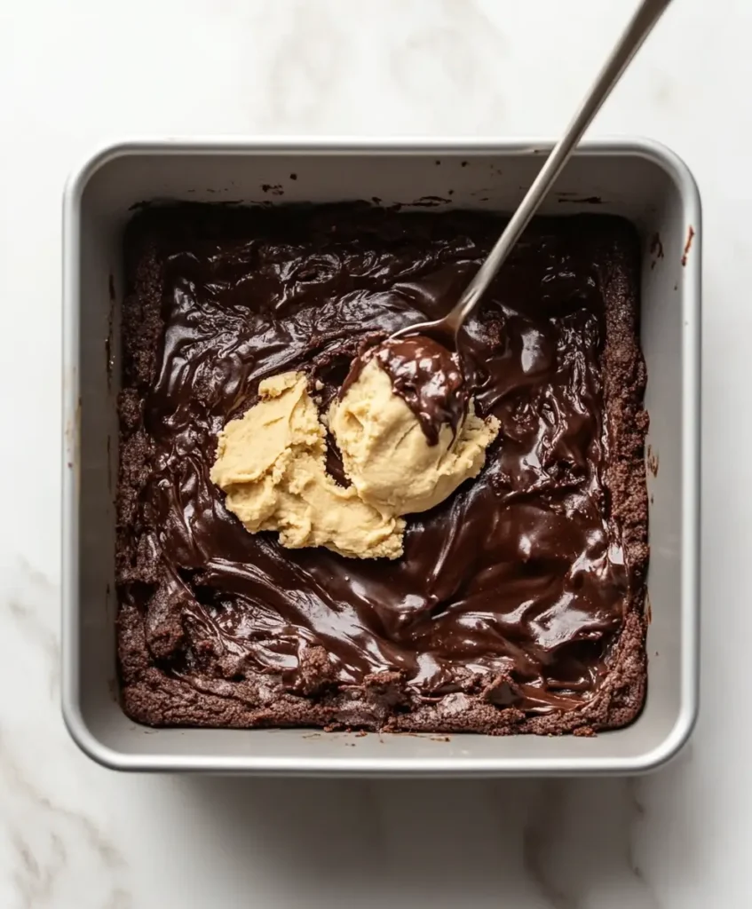 Spoonfuls of cookie dough being dropped over brownie batter in a baking pan.