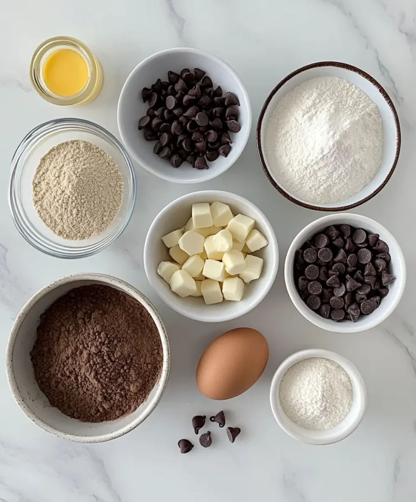 Measured brookie ingredients arranged in small bowls on a marble countertop.